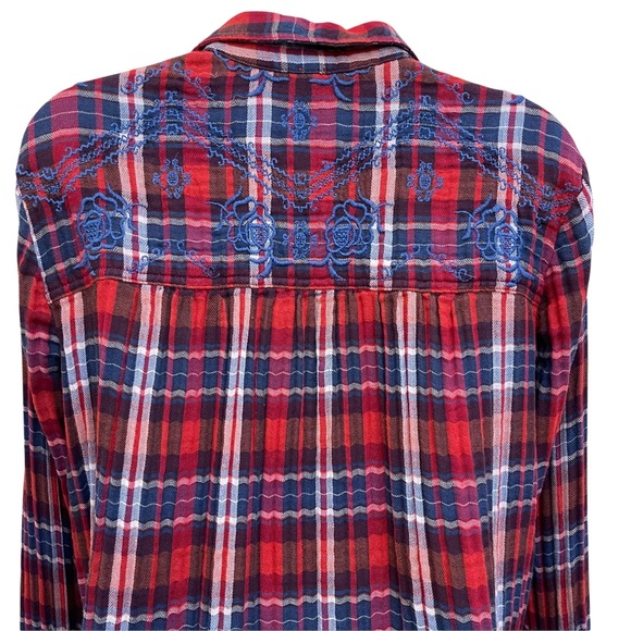 Free People Magical Plaid Shirt Red and Blue Embroidered Button Down Blouse S - Picture 12 of 14